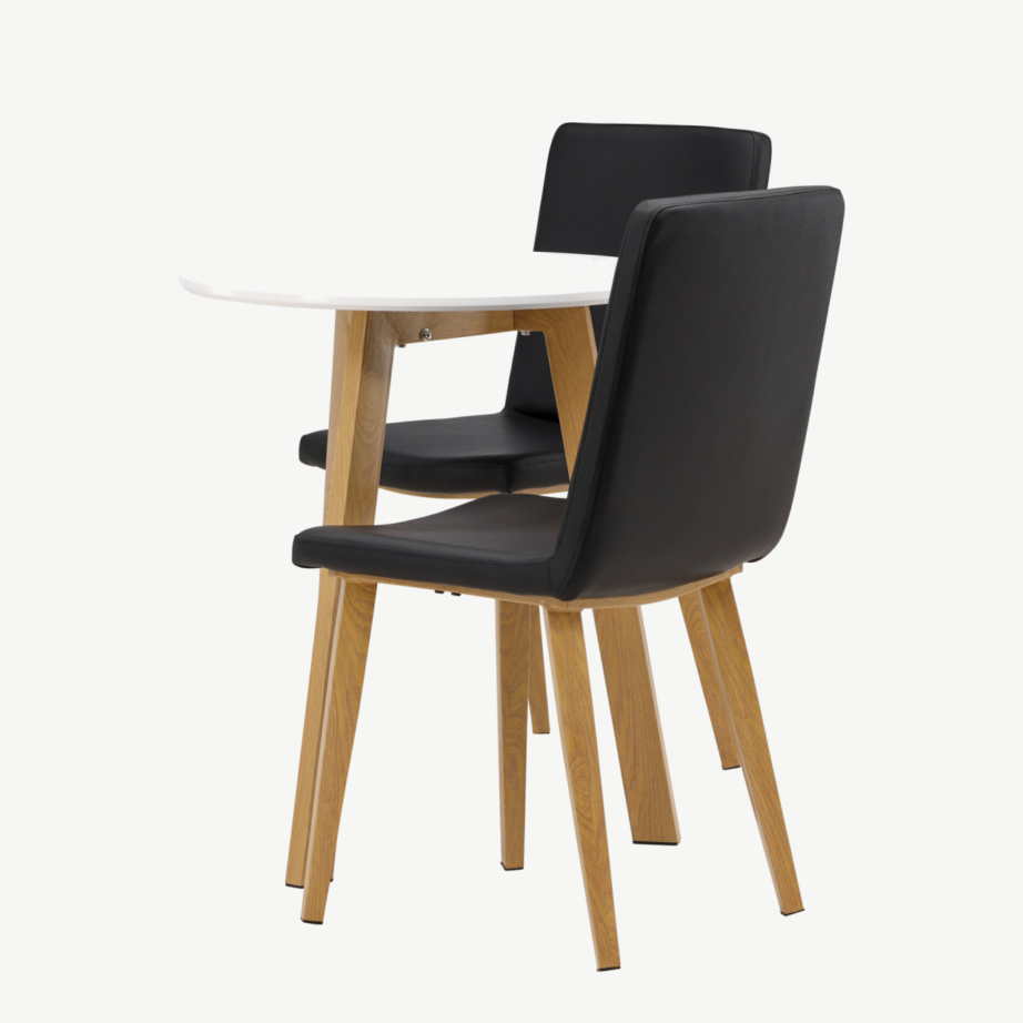 Ümmargune söögilaud Leonora (valge MDF, Ø65cm) ja mustad Today toolid, GR23505 – 7