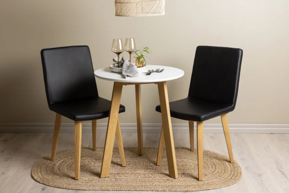 Ümmargune söögilaud Leonora (valge MDF, Ø65cm) ja mustad Today toolid, GR23505 – 8
