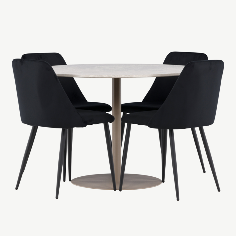 Ümmargune söögilaud Lycke ja 4 musta velvetkattega Night tooli (beež/MDF, ø110 cm) - GR24385