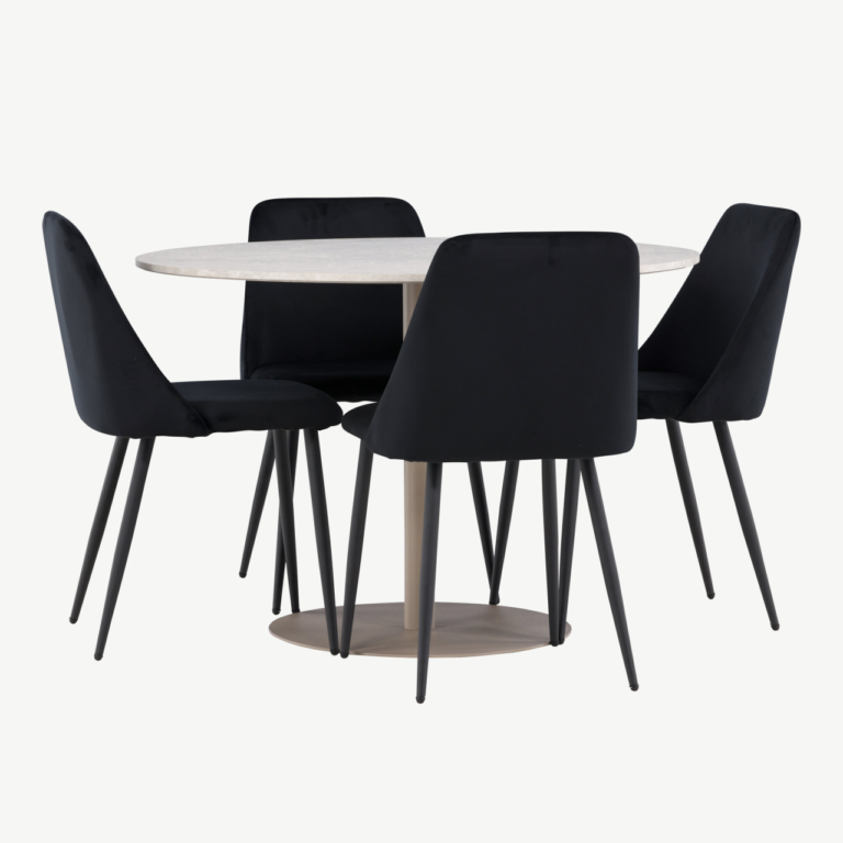 Ümmargune söögilaud Lycke ja 4 musta velvetkattega Night tooli (beež/MDF, ø110 cm) - GR24385
