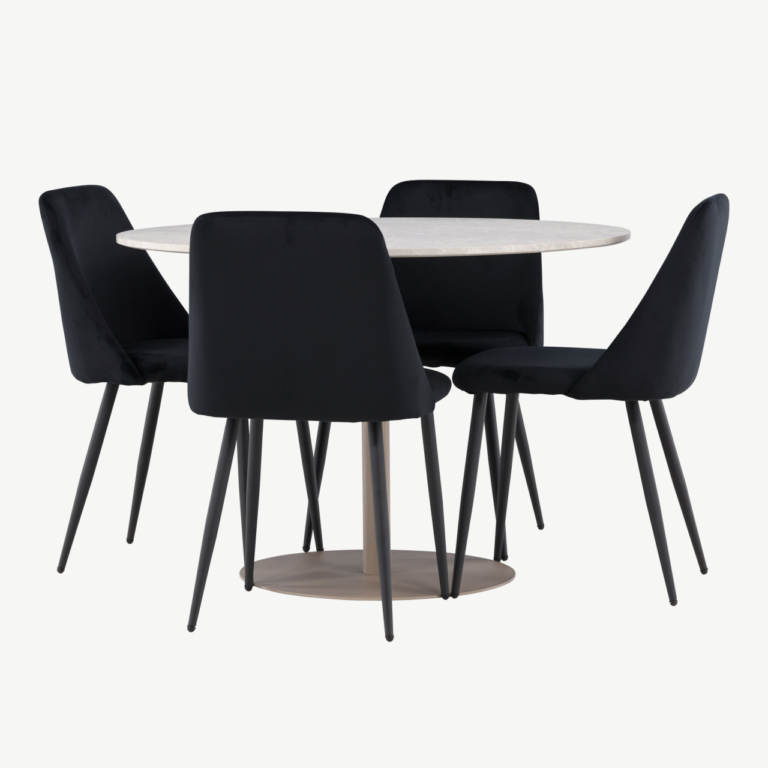 Ümmargune söögilaud Lycke ja 4 musta velvetkattega Night tooli (beež/MDF, ø110 cm) - GR24385