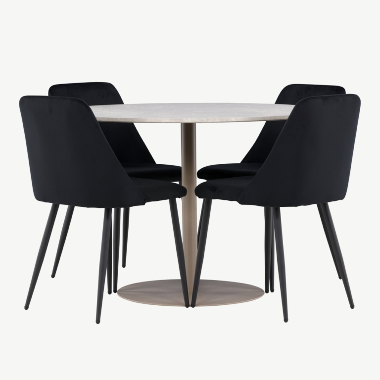 Ümmargune söögilaud Lycke ja 4 musta velvetkattega Night tooli (beež/MDF, ø110 cm) - GR24385