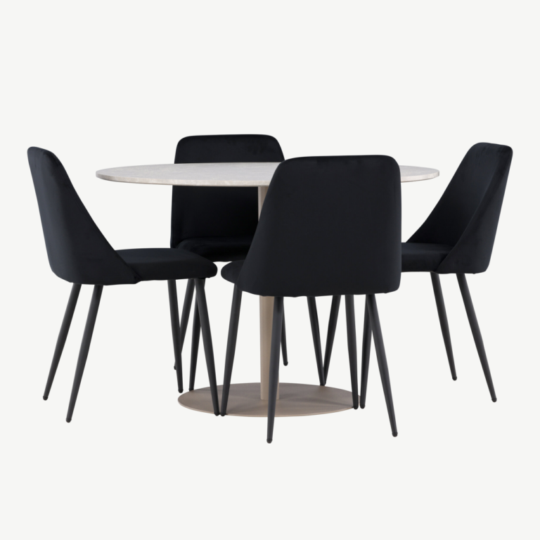 Ümmargune söögilaud Lycke ja 4 musta velvetkattega Night tooli (beež/MDF, ø110 cm) - GR24385