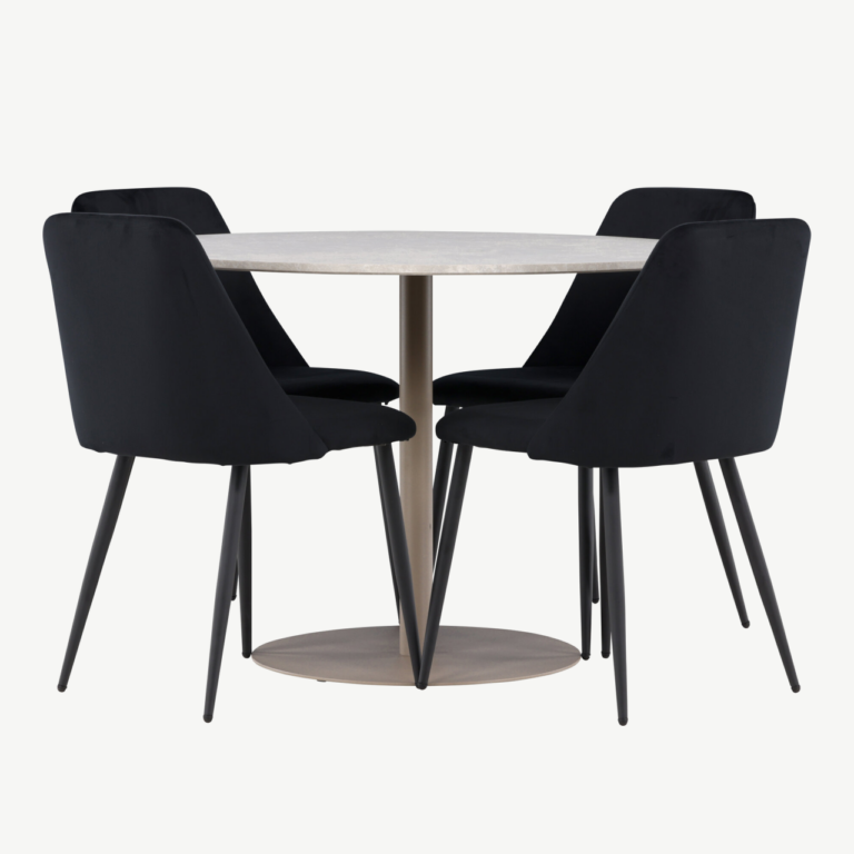 Ümmargune söögilaud Lycke ja 4 musta velvetkattega Night tooli (beež/MDF, ø110 cm) - GR24385