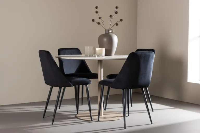 Ümmargune söögilaud Lycke ja 4 musta velvetkattega Night tooli (beež/MDF, ø110 cm) - GR24385
