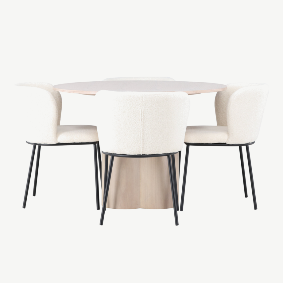 Ümmargune söögilaud Olivia ja valge bukleekangaga toolid Edina (valge peitsiga MDF, mustad metalljalad), GR23803 – 2