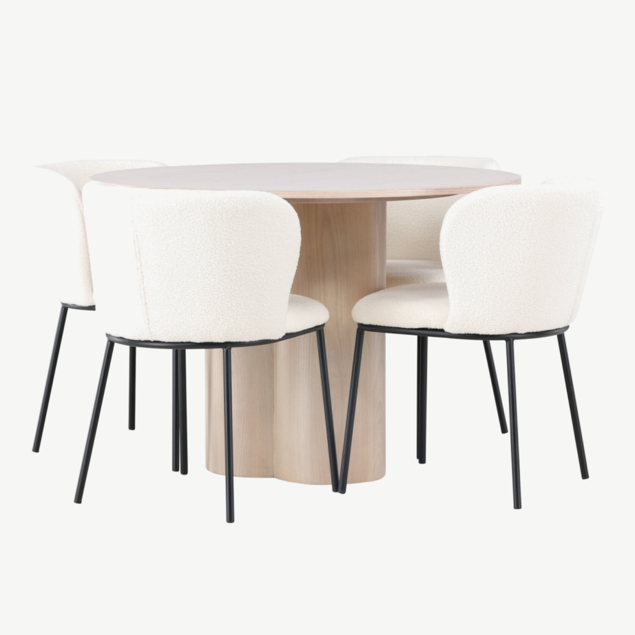 Ümmargune söögilaud Olivia ja valge bukleekangaga toolid Edina (valge peitsiga MDF, mustad metalljalad), GR23803 – 3
