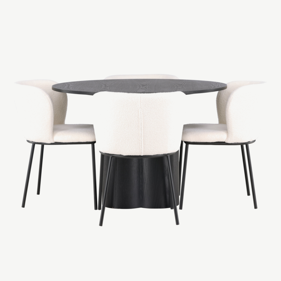 Ümmargune söögilaud Olivia ja valged bukleekangaga Edina toolid (must, 4 tooli), GR23829 – 2