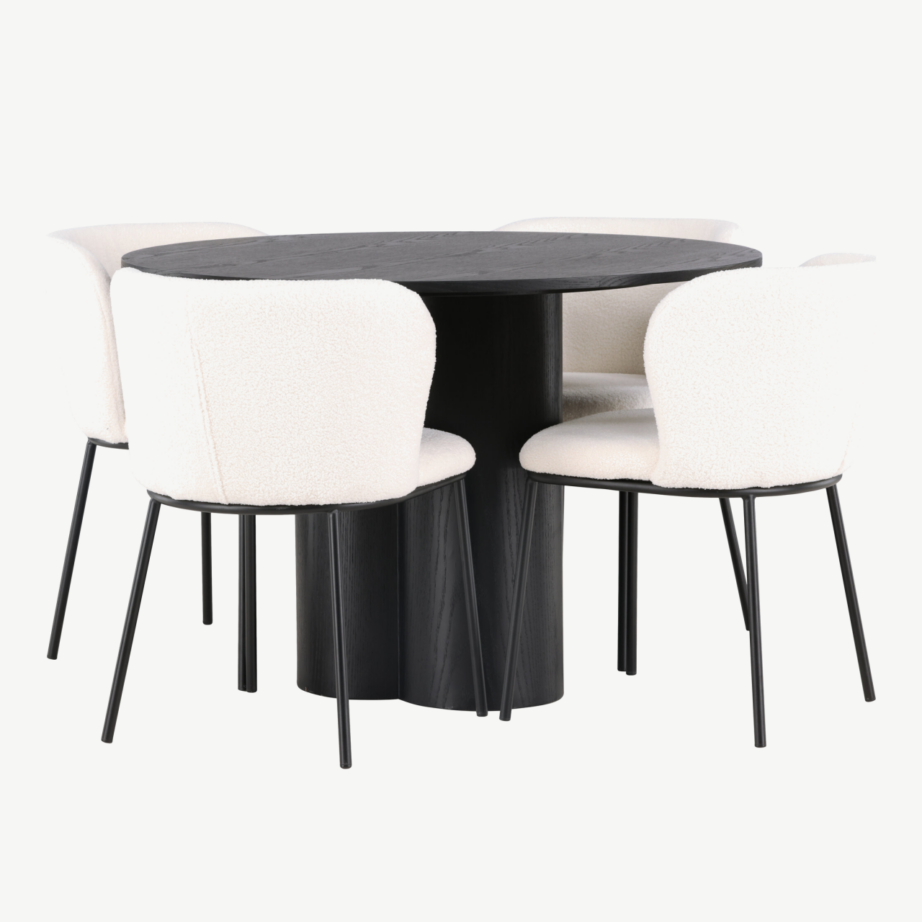 Ümmargune söögilaud Olivia ja valged bukleekangaga Edina toolid (must, 4 tooli), GR23829 – 3