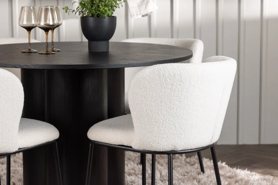 Ümmargune söögilaud Olivia ja valged bukleekangaga Edina toolid (must, 4 tooli), GR23829 – 5