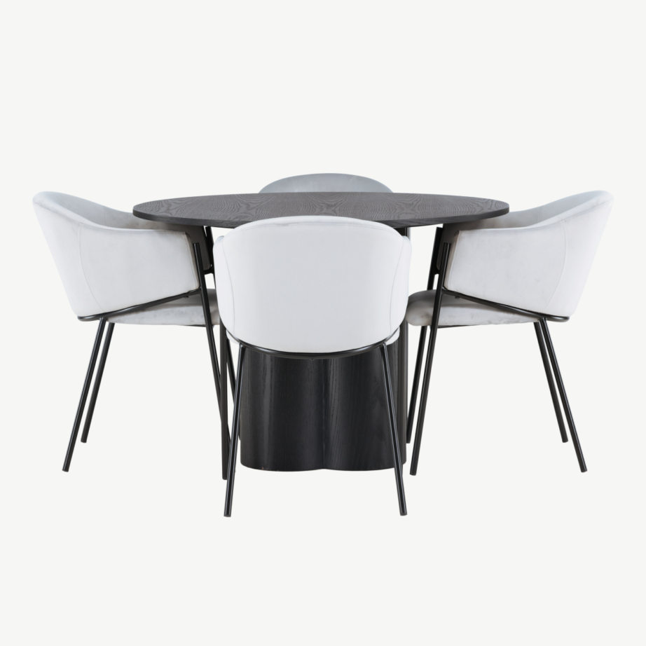 Ümmargune söögilaud Olivia koos nelja halli velvetkattega Evelina tooliga, GR23839 – 2