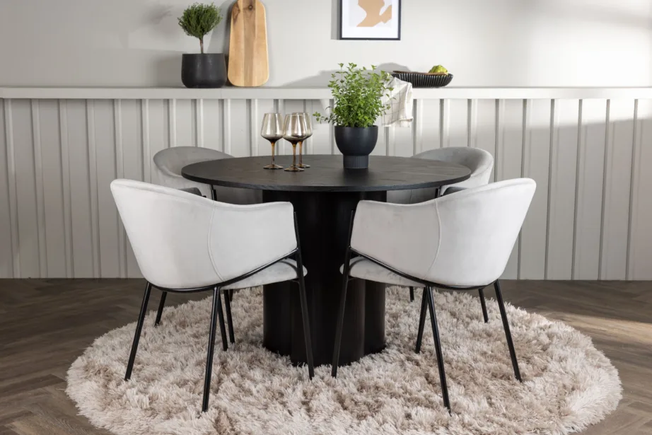 Ümmargune söögilaud Olivia koos nelja halli velvetkattega Evelina tooliga, GR23839 – 4