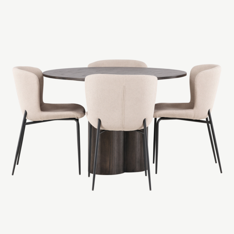 Ümmargune söögilaud Olivia (mokavärvi MDF, ø110 cm) ja Modesto söögitool - GR23085