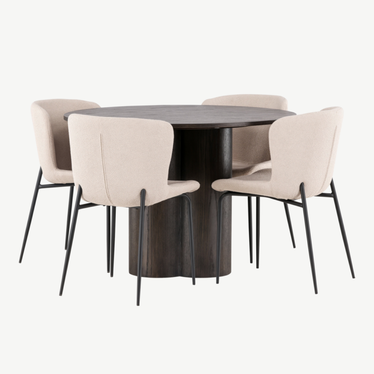Ümmargune söögilaud Olivia (mokavärvi MDF, ø110 cm) ja Modesto söögitool - GR23085