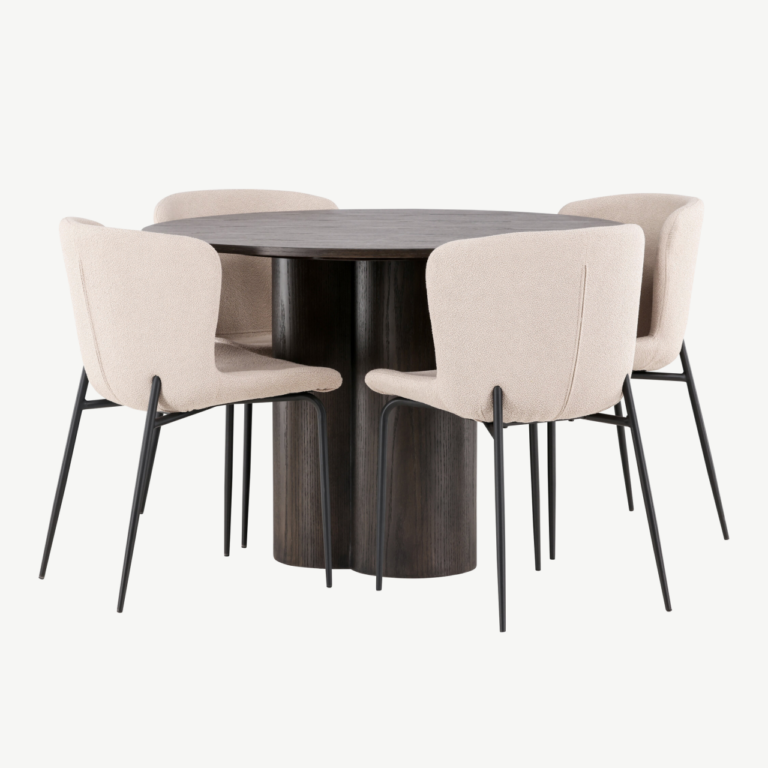 Ümmargune söögilaud Olivia (mokavärvi MDF, ø110 cm) ja Modesto söögitool - GR23085