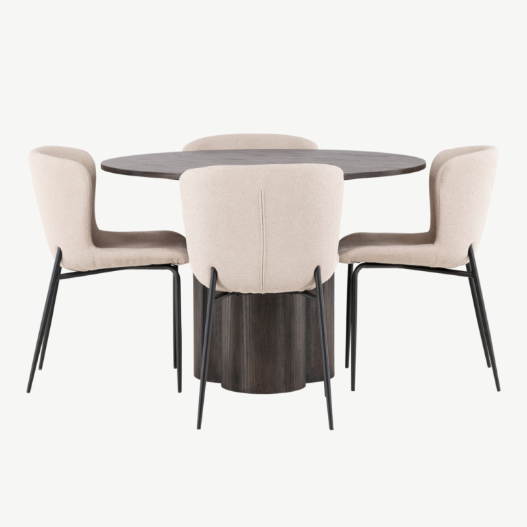 Ümmargune söögilaud Olivia (mokavärvi MDF, ø110 cm) ja Modesto söögitool - GR23085