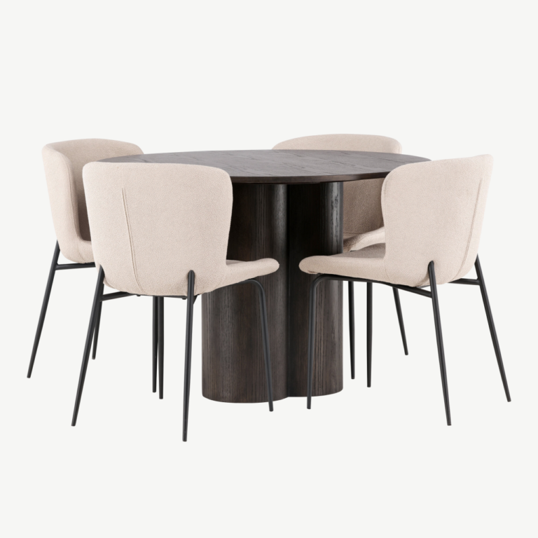 Ümmargune söögilaud Olivia (mokavärvi MDF, ø110 cm) ja Modesto söögitool - GR23085