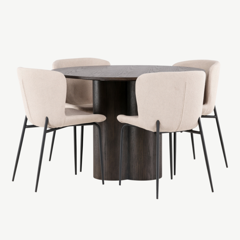 Ümmargune söögilaud Olivia (mokavärvi MDF, ø110 cm) ja Modesto söögitool - GR23085