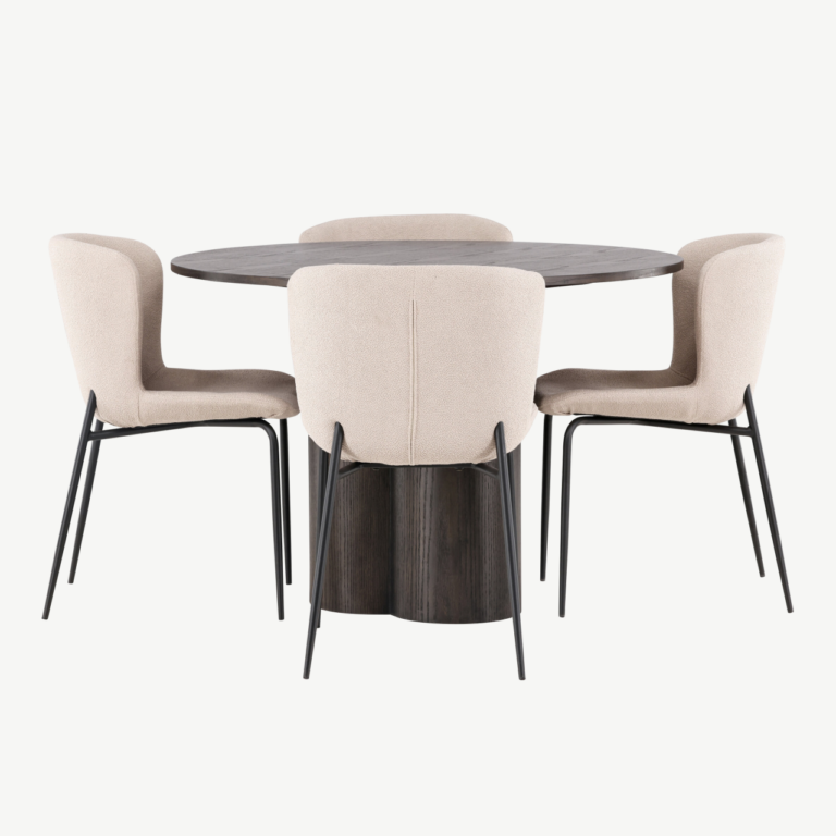 Ümmargune söögilaud Olivia (mokavärvi MDF, ø110 cm) ja Modesto söögitool - GR23085