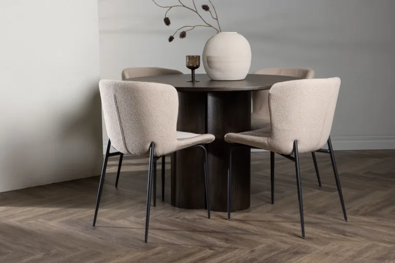 Ümmargune söögilaud Olivia (mokavärvi MDF, ø110 cm) ja Modesto söögitool - GR23085