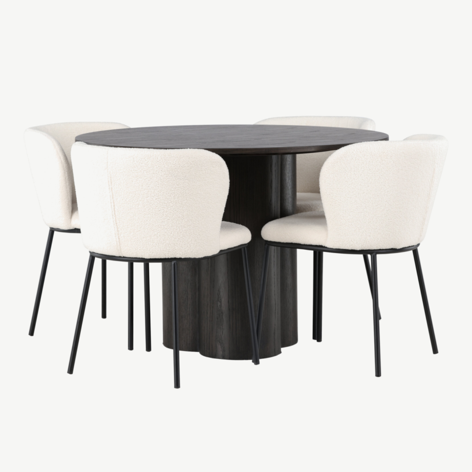 Ümmargune söögilaud Olivia (mokka MDF, ø110 cm) ja polsterdatud tool Edina (valge buklee, mustad metalljalad), GR23816 – 8
