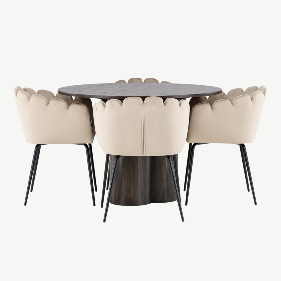 Ümmargune söögilaud Olivia mokka + beež velvetist toolid Limhamn (4 tk), GR23082 – 2