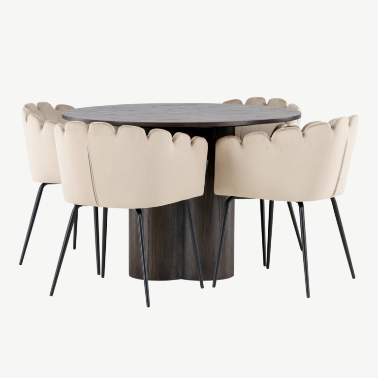 Ümmargune söögilaud Olivia mokka + beež velvetist toolid Limhamn (4 tk) - GR23082