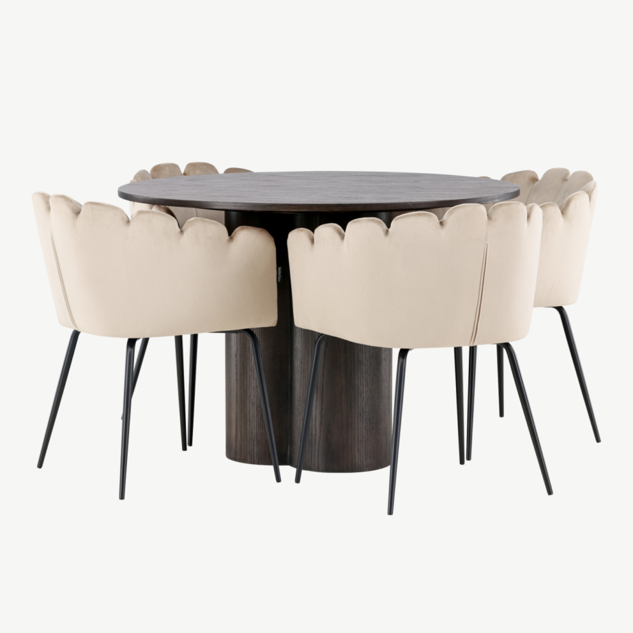 Ümmargune söögilaud Olivia mokka + beež velvetist toolid Limhamn (4 tk), GR23082 – 4