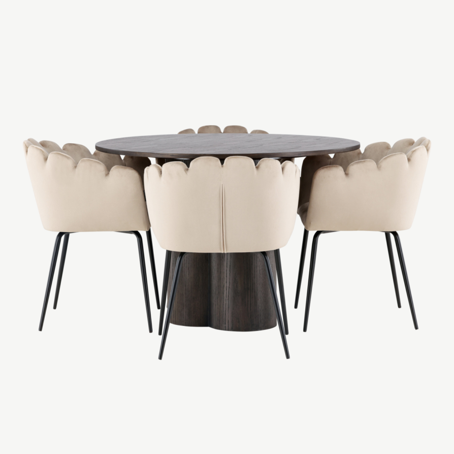 Ümmargune söögilaud Olivia mokka + beež velvetist toolid Limhamn (4 tk), GR23082 – 7