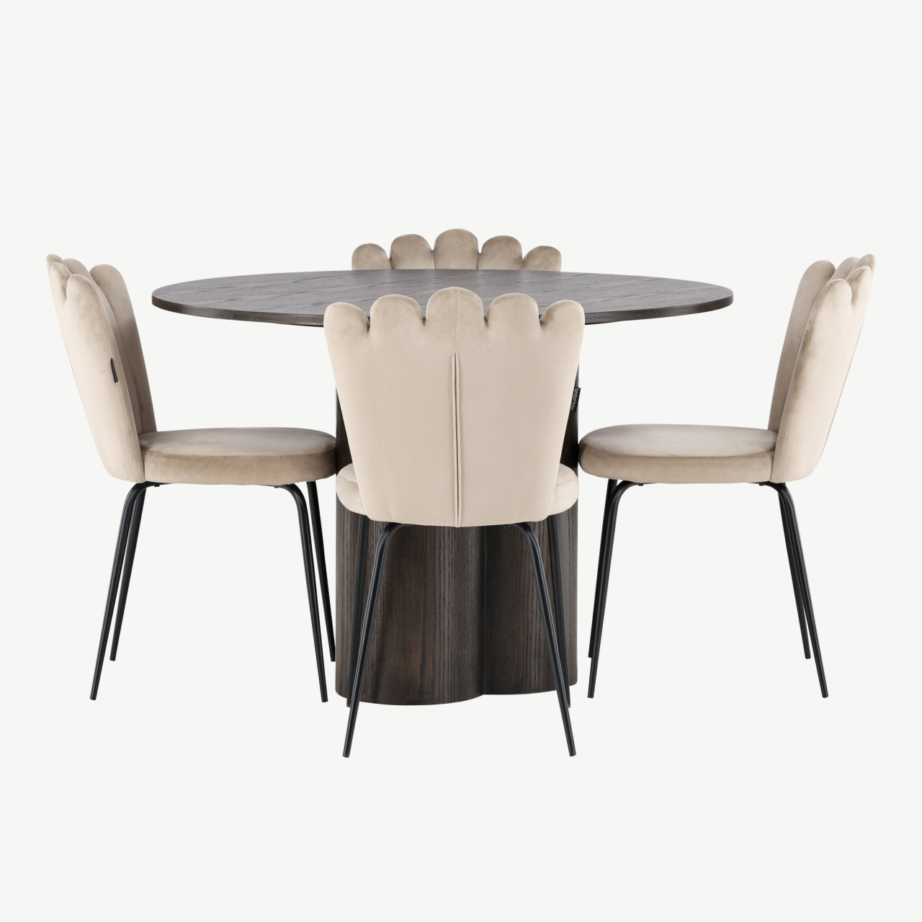 Ümmargune söögilaud Olivia mokka viimistlusega ja Limhamn beežid velvetist toolid (4 tk), GR23083 – 2