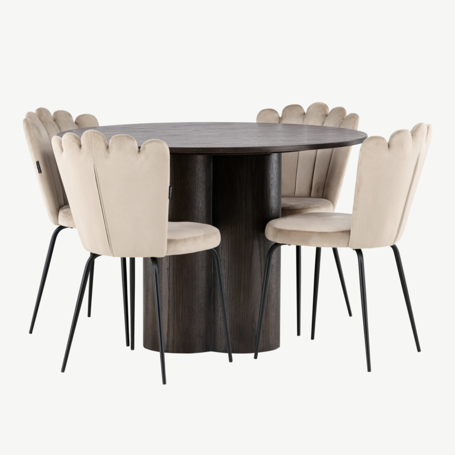 Ümmargune söögilaud Olivia mokka viimistlusega ja Limhamn beežid velvetist toolid (4 tk), GR23083 – 3