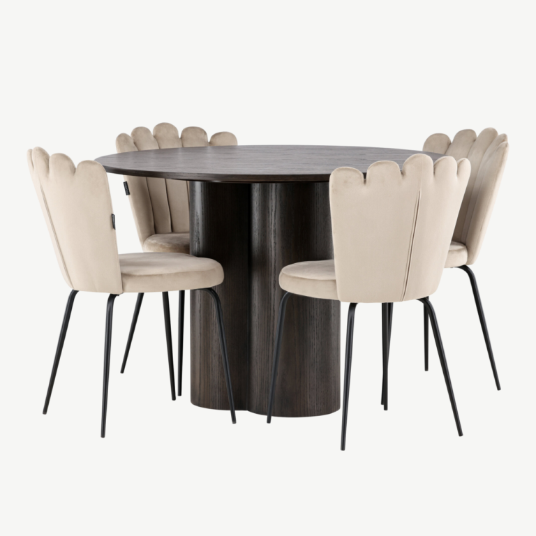 Ümmargune söögilaud Olivia mokka viimistlusega ja Limhamn beežid velvetist toolid (4 tk) - GR23083