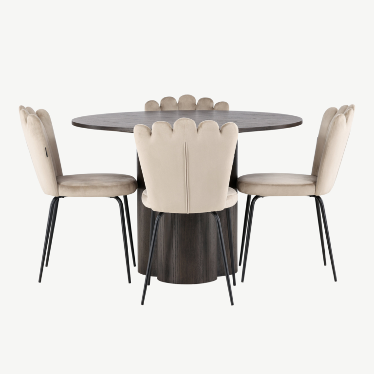 Ümmargune söögilaud Olivia mokka viimistlusega ja Limhamn beežid velvetist toolid (4 tk) - GR23083