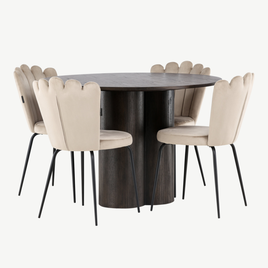 Ümmargune söögilaud Olivia mokka viimistlusega ja Limhamn beežid velvetist toolid (4 tk), GR23083