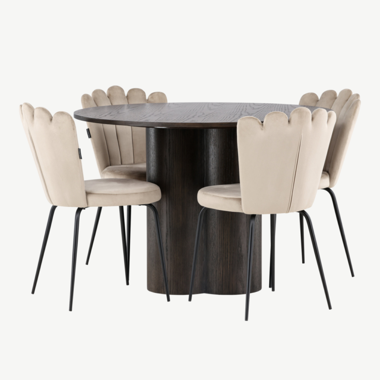 Ümmargune söögilaud Olivia mokka viimistlusega ja Limhamn beežid velvetist toolid (4 tk) - GR23083
