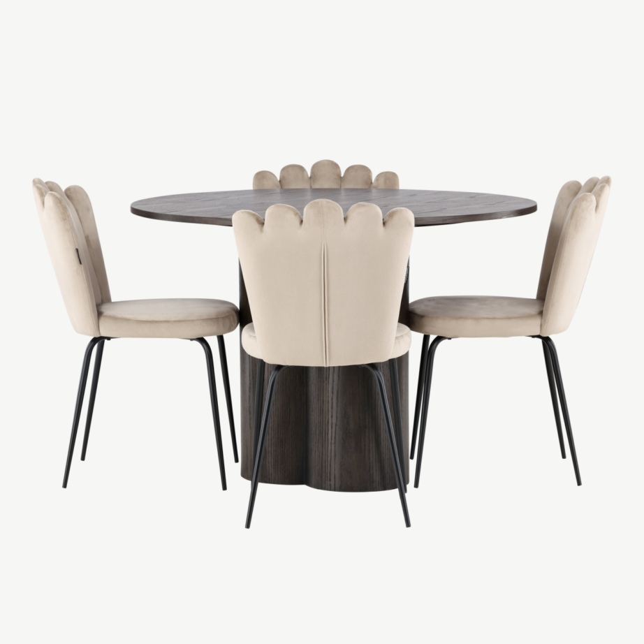 Ümmargune söögilaud Olivia mokka viimistlusega ja Limhamn beežid velvetist toolid (4 tk), GR23083 – 7