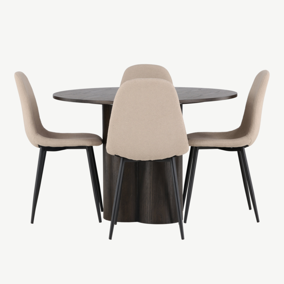 Ümmargune söögilaud Olivia mokka viimistlusega ja beež buklee toolid Polar sari, GR23813 – 2