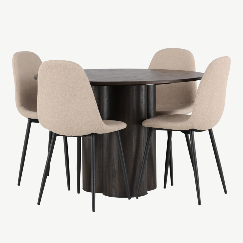 Ümmargune söögilaud Olivia mokka viimistlusega ja beež buklee toolid Polar sari, GR23813 – 3