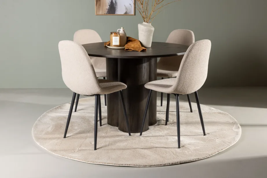 Ümmargune söögilaud Olivia mokka viimistlusega ja beež buklee toolid Polar sari, GR23813 – 4