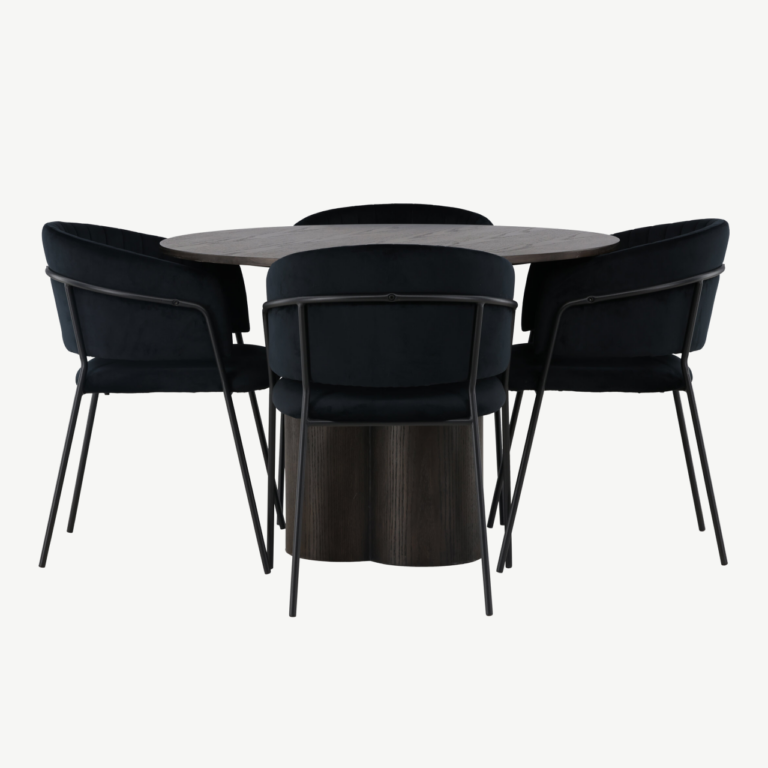 Ümmargune söögilaud Olivia (mokkavärvi MDF, Ø110 cm) ja must velvetkattega tool Selma - GR23819
