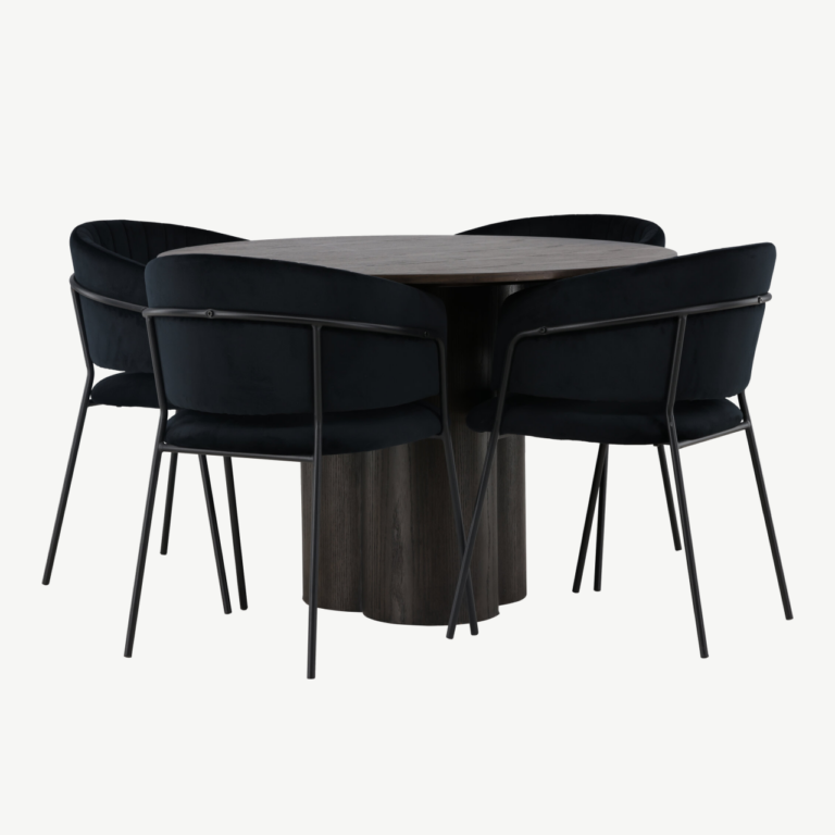 Ümmargune söögilaud Olivia (mokkavärvi MDF, Ø110 cm) ja must velvetkattega tool Selma - GR23819
