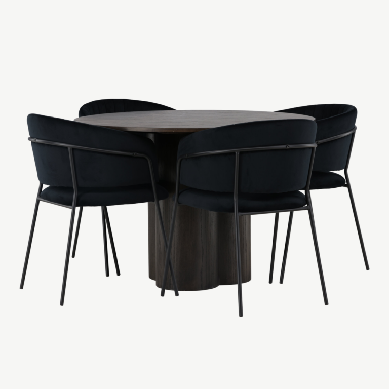 Ümmargune söögilaud Olivia (mokkavärvi MDF, Ø110 cm) ja must velvetkattega tool Selma - GR23819