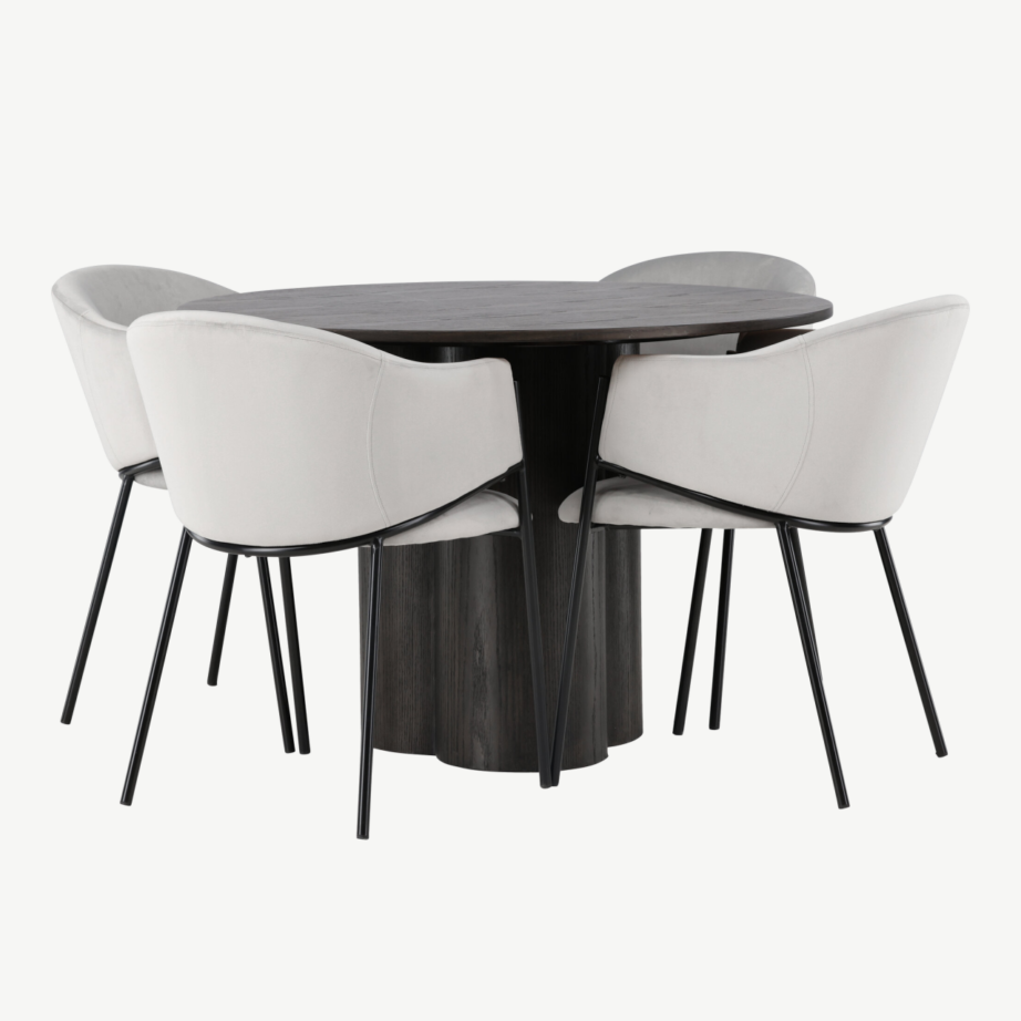 Ümmargune söögilaud Olivia (mokkavärvi MDF, Ø110 cm) ja must velvetkattega tool Selma, GR23819 – 7