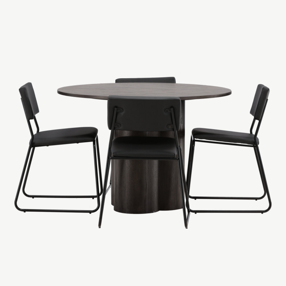 Ümmargune söögilaud Olivia mokkavineeriga ja Kenth musta PU kattega tool, GR22882 – 2