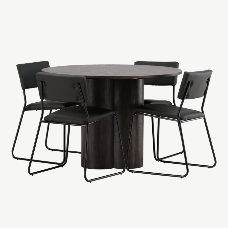 Ümmargune söögilaud Olivia mokkavineeriga ja Kenth musta PU kattega tool, GR22882 – 3