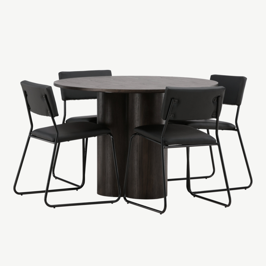 Ümmargune söögilaud Olivia mokkavineeriga ja Kenth musta PU kattega tool, GR22882 – 4
