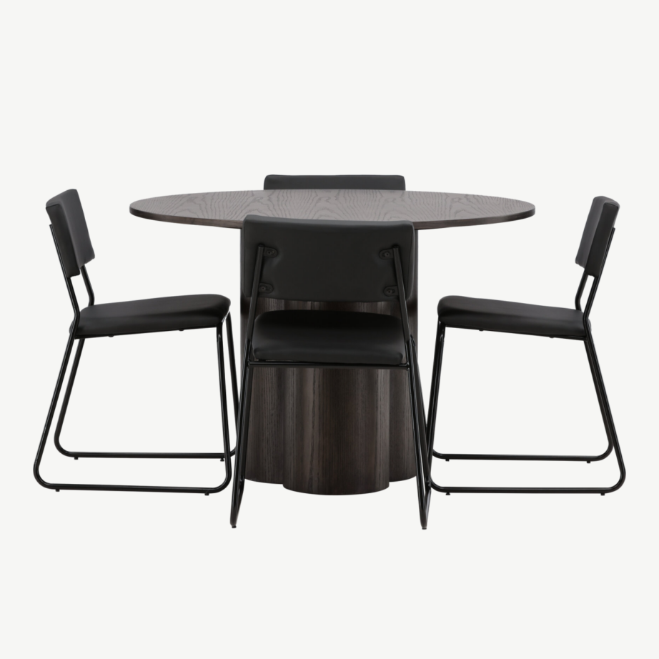 Ümmargune söögilaud Olivia mokkavineeriga ja Kenth musta PU kattega tool, GR22882 – 5