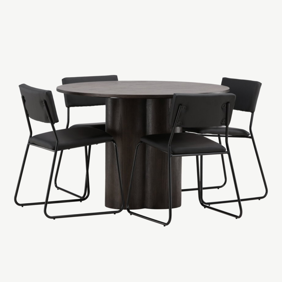 Ümmargune söögilaud Olivia mokkavineeriga ja Kenth musta PU kattega tool, GR22882 – 6