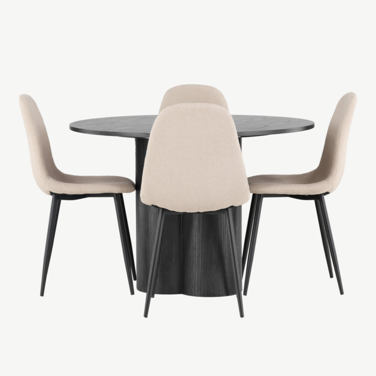 Ümmargune söögilaud Olivia (must MDF, ø110 cm) ja beežid buklee toolid Polar - GR23841