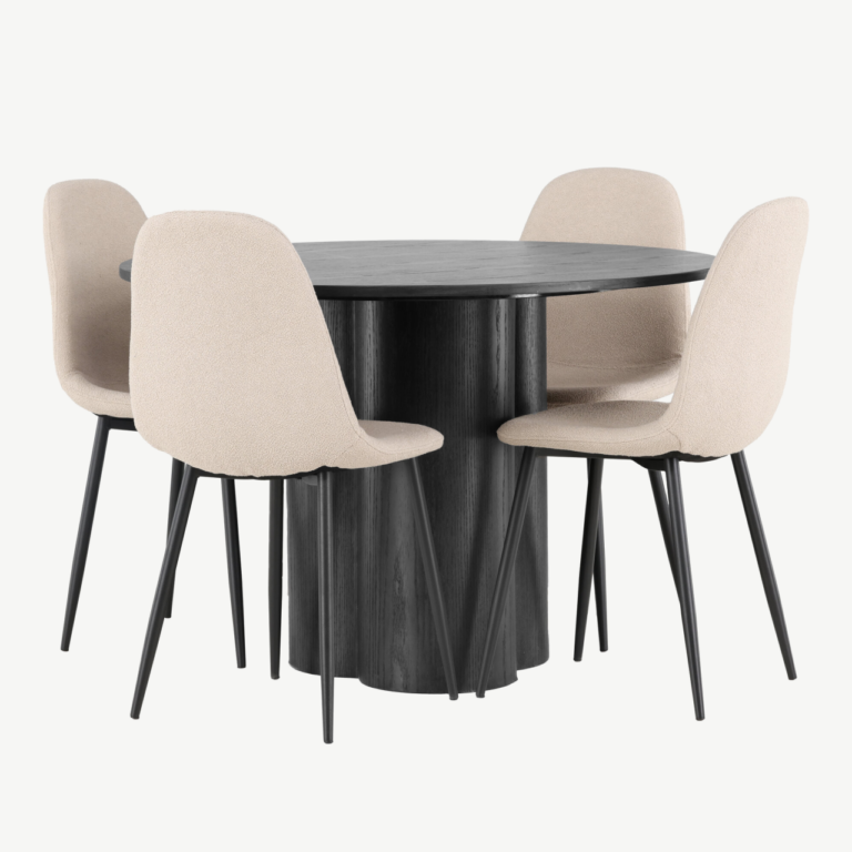 Ümmargune söögilaud Olivia (must MDF, ø110 cm) ja beežid buklee toolid Polar - GR23841